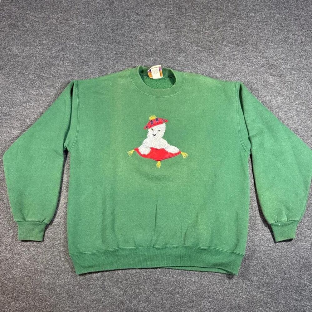 Vintage 90s Peanut Butter & Jelly Green Westie Dog Embroidered Crewneck Large